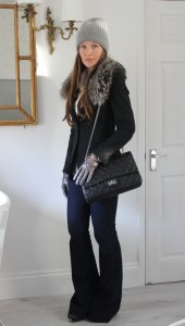 Dolce & Gabbana jacket, Dolce & Gabbana shirt, J brand jeans, Michael Kors hat, Chanel bag, Gucci shoes, Fur collar custom made, Leather gloves no name, F21 necklace