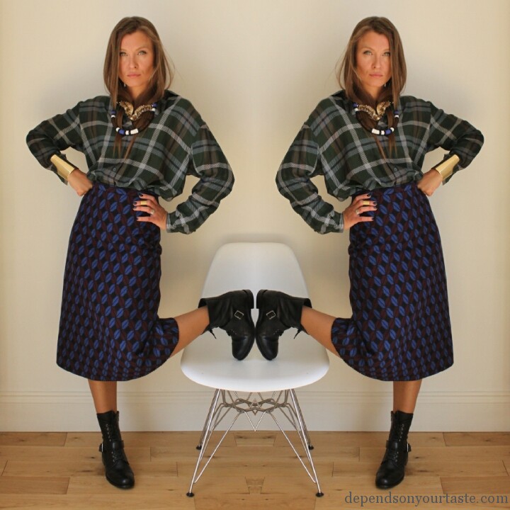 and other stories silk blouse, tartan shirt silk, prada skirt whit print, & other stories jewelry, new for autumn winter fashion must have ,effortless style, prada look , prada womens military boots ,fashion stylist, fashion london , styling by wioletta walas , september issue vogue 2015