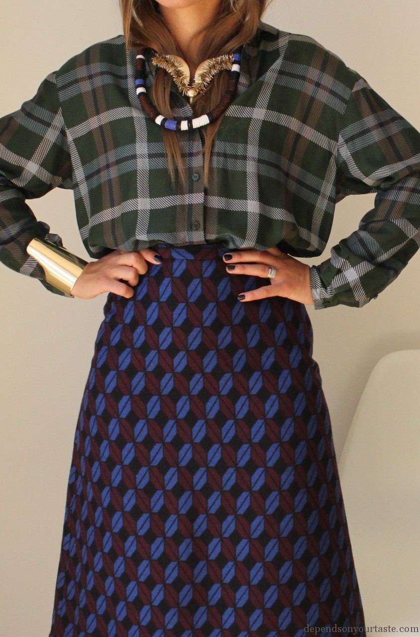 and other stories silk blouse, tartan shirt silk, prada skirt whit print, & other stories jewelry, new for autumn winter fashion must have ,effortless style, prada look , prada womens military boots ,fashion stylist, fashion london , styling by wioletta walas , september issue vogue 2015