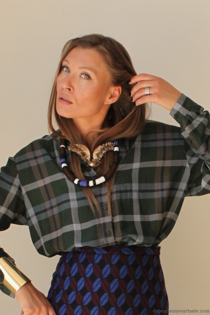 and other stories silk blouse, tartan shirt silk, prada skirt whit print, & other stories jewelry, new for autumn winter fashion must have ,effortless style, prada look , prada womens military boots ,fashion stylist, fashion london , styling by wioletta walas , september issue vogue 2015